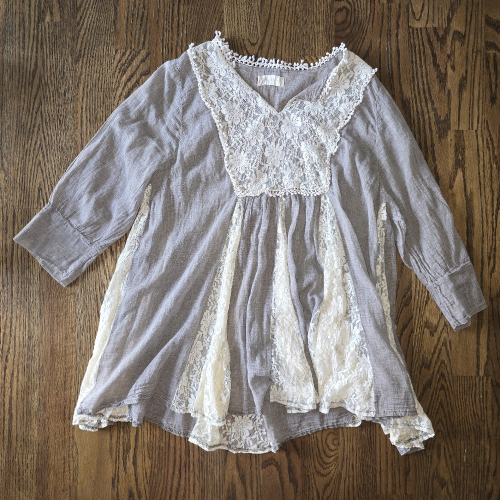 Altar'd State Taupe and Cream Lace Blouse